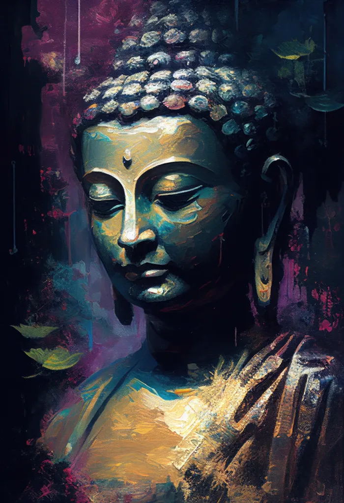 Impressionist painting of Lord Buddha in deep teal, plum, and gold with eyes closed in meditation. | PrintPosters.in